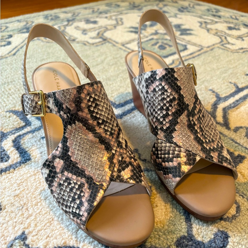 Super cute Cole Haan snakeskin wedge sandal.